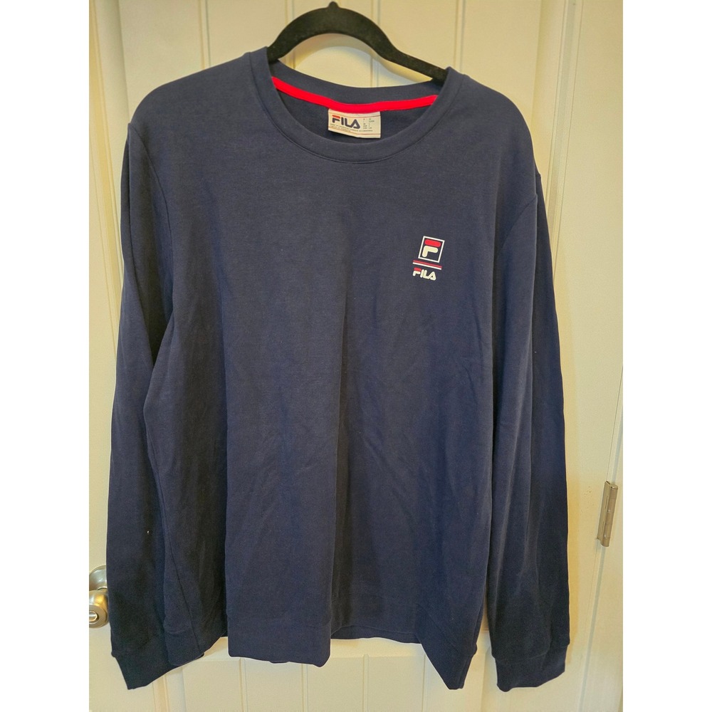 FILA Long Sleeve T-Shirt Men's Large Navy Logo Graphic Cotton Stretch Casual